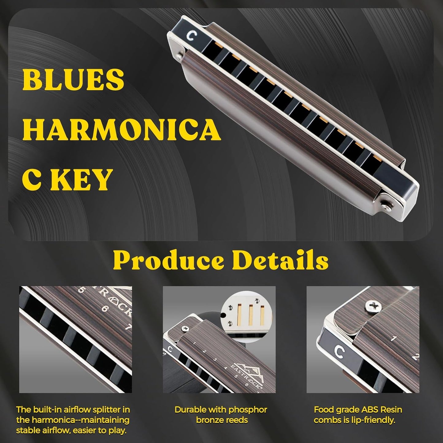 EastRock Harmonica, Blues Harmonica Mouth Organ 10 Hole C Key with Case, Diatonic Harmonica for Professional Player, Beginner, Students, Adult, Friends, Gifts（Brushed Metal）
