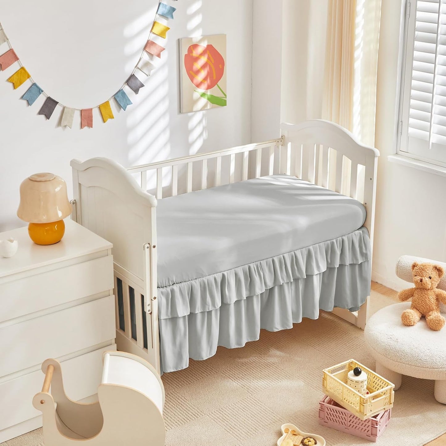 Mini Crib Bedding Set 3 Pieces Baby Boho Quilted Tufted Ruffles Comforter with Fitted Sheet and Ruffled Bed Skirt - Cute Shabby Baby Bedding Fits Mini Crib Only Light Gray