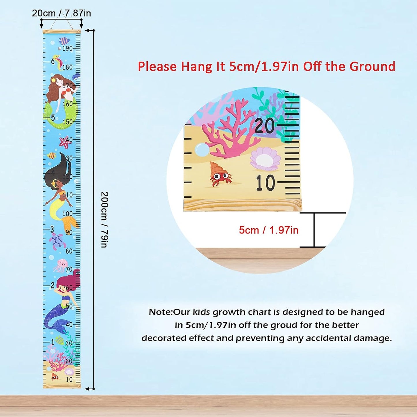 Kids Growth Chart Height Measuring Chart, Mermaid Canvas Wall Hanging Rulers for Baby Children Girls Bedroom Decor 74.8''* 7.87''