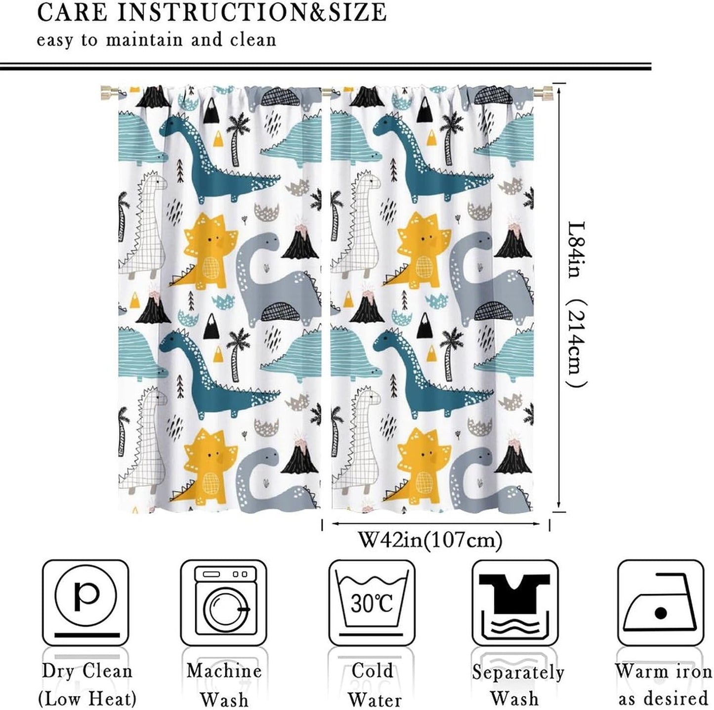 Kids Dinosaur Curtains for Boys Girls Bedroom Decor Cartoon Dino Colorful Cute Funny Wildlife Animal Printed Blackout Rod Pocket Window Drapes for Baby Nursery Playroom Living Room W42xL84in 2 Panels