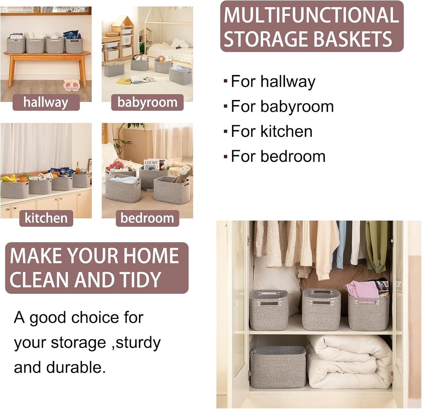 OIAHOMY 4 Pack Storage Baskets for Organizing, Cube Storage Bins for Shelves, Rectangle Storage Baskets With Handles, Woven Baskets for Storage, 12.7''Lx9''Wx7.8''H, Grey