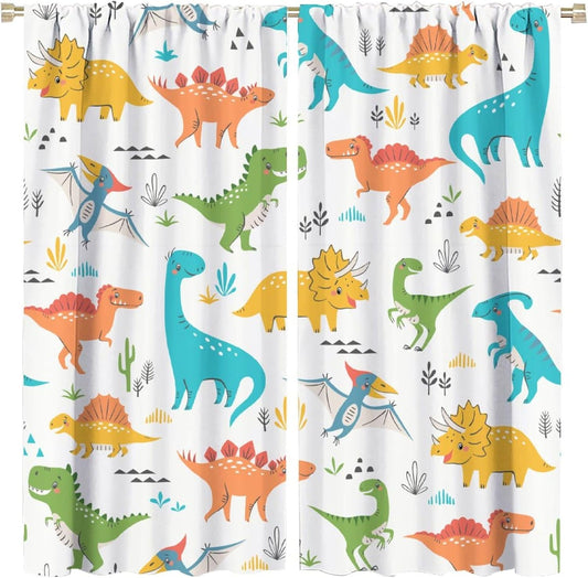 Kids Dinosaur Curtains for Boy Girl Bedroom Decor Cartoon Dino Colorful Cute Funny Animal Wildlife Printed Blackout Rod Pocket Window Drapes for Baby Nursery Playroom Living Room W26xL84in 2 Panels