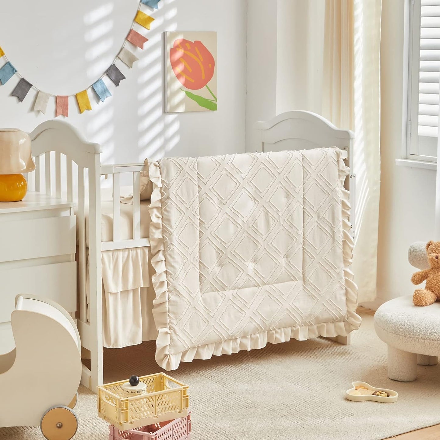Mini Crib Bedding Set 3 Pieces Baby Boho Quilted Tufted Ruffles Comforter with Fitted Sheet and Ruffled Bed Skirt - Cute Shabby Baby Bedding Fits Mini Crib Only Cream White