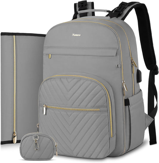 MOMUVO Diaper Bag Backpack, Quilted Baby Bag with Changing Pad and Stroller Straps and Pacifier Case, Large Travel Diaper Bags for Mom Dad, Grey