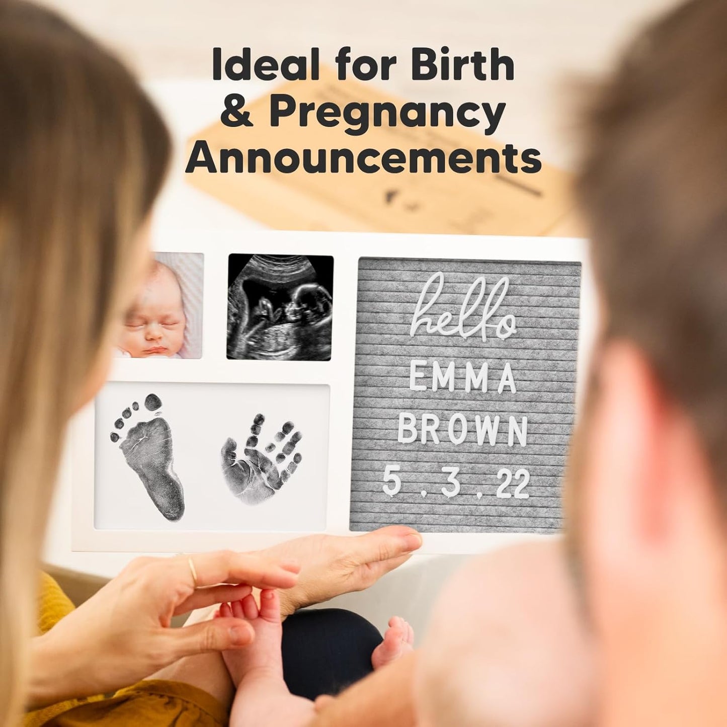 Baby Hand & Footprint Kit with Felt Letterboard, Inkless Ink Pad - Personalized New Mom Gifts for Baby Announcement, Cute Nursery Newborn Picture Frame,Ideal Dog Nose & Paw Print Kit(Alpine White)