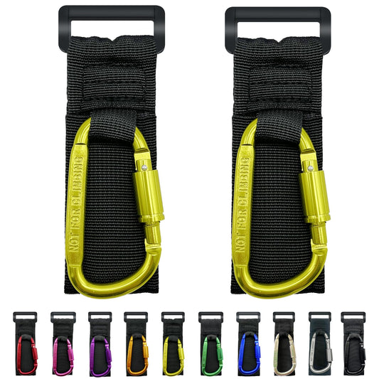 Baby Stroller Hook, Carry 30 lbs per Stroller Carabiner Clip, Adjustable Baby Stroller & Car Seat Hook for Hanging Diaper Bag, Wheelchair,Golf cart, Shopping and Pet Cart(2 Pcs Green Gold)