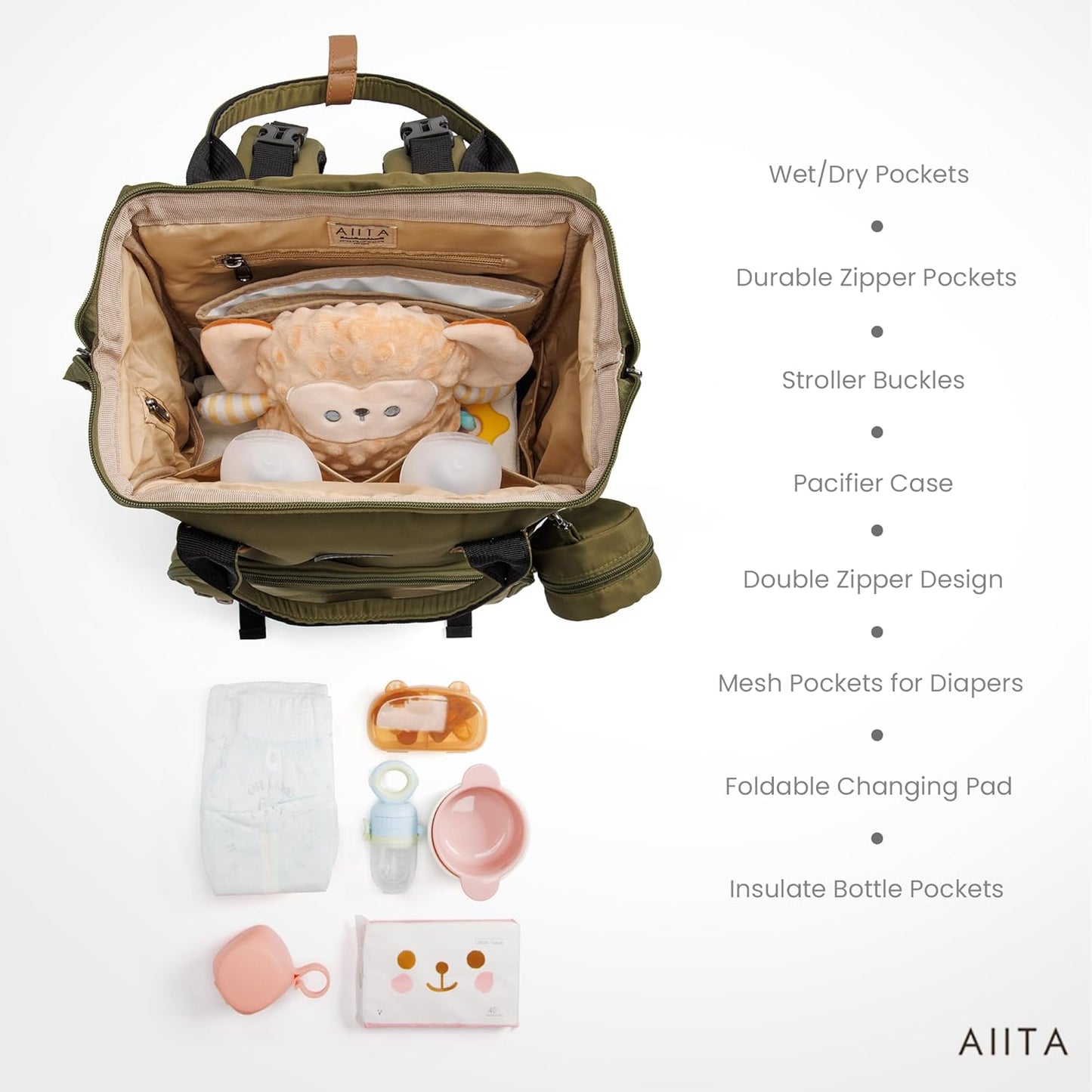 Diaper Bag Backpack, Multifunction Diaper Bag with Changing Pad, Baby Diaper Bags for Boys Girls, Stylish Large Capacity Travel Backpack for Moms Dads, Baby Shower Gifts,Unisex – Olive Green