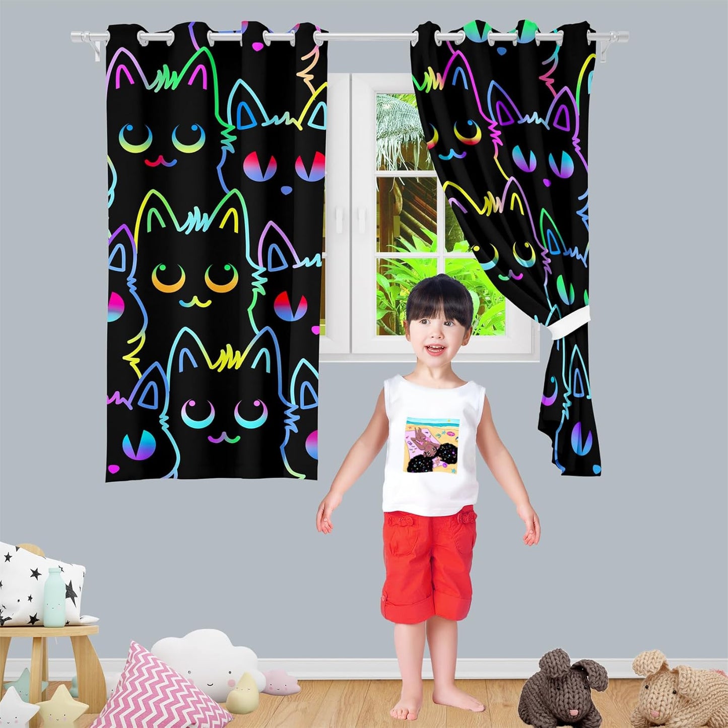 Cat Curtain Panels for Girls - 2Pcs Cat Blackout Curtains for Girls Bedroom, 82" W x 63" L