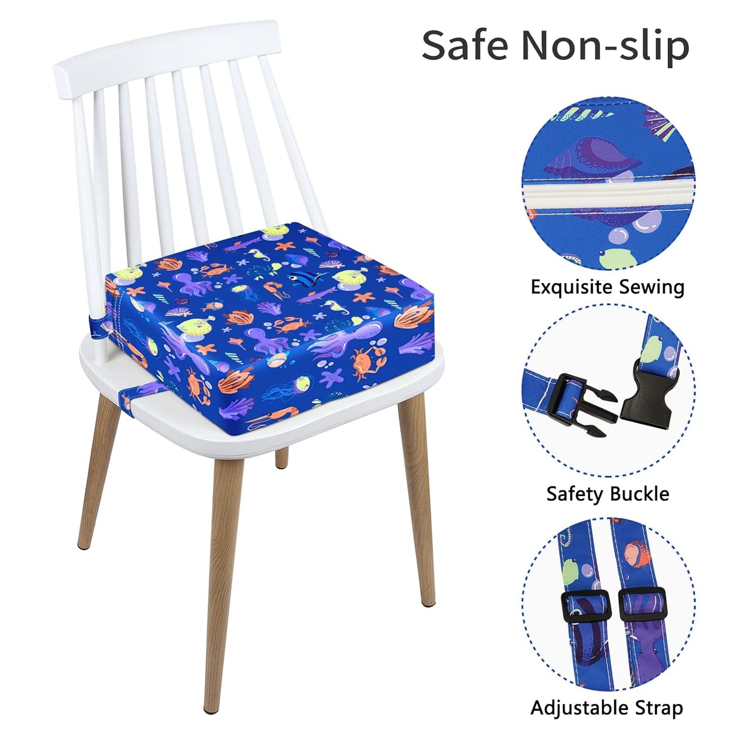 Toddler Booster Seat for Dining Table, Stronger Support Non-Slip Bottom Double Safe Straps Booster Seat Dining Toddler, Portable Travel Increasing Cushion (Blue)