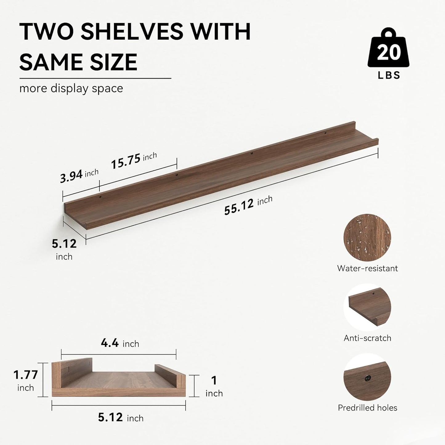 55.1 Inches Long Floating Shelves, 2 Set Rustic Wall Shelf for Bedroom, Nursery Book Shelf with Lip, Picture Ledge Shelf for Living Room, Bathroom, Kitchen - Walnut