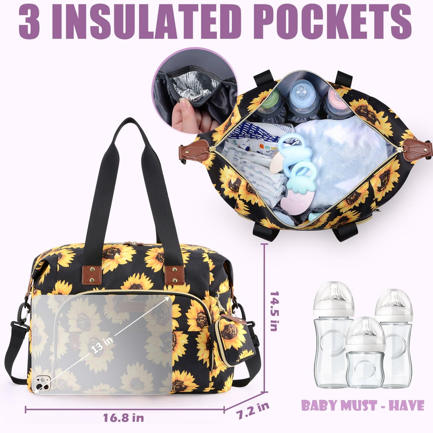 Tuwubi Diaper Bag Tote,Baby Diaper Bag with Pacifier Case Large Travel Diaper Tote Caddy for Mom and Dad Multifunction Large Baby Bag - Sunflower