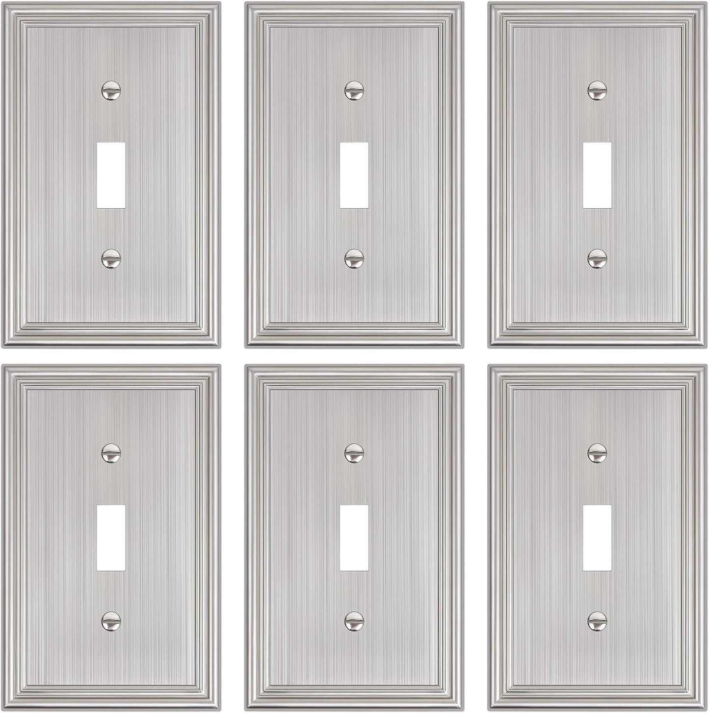 6-Pack Single Toggle Light Switch Cover Plate, Durable Solid Zinc Alloy Decorative Switch Plate Covers, Brushed Nickel 1 Gang Wall Plate, Corrosion Resistant