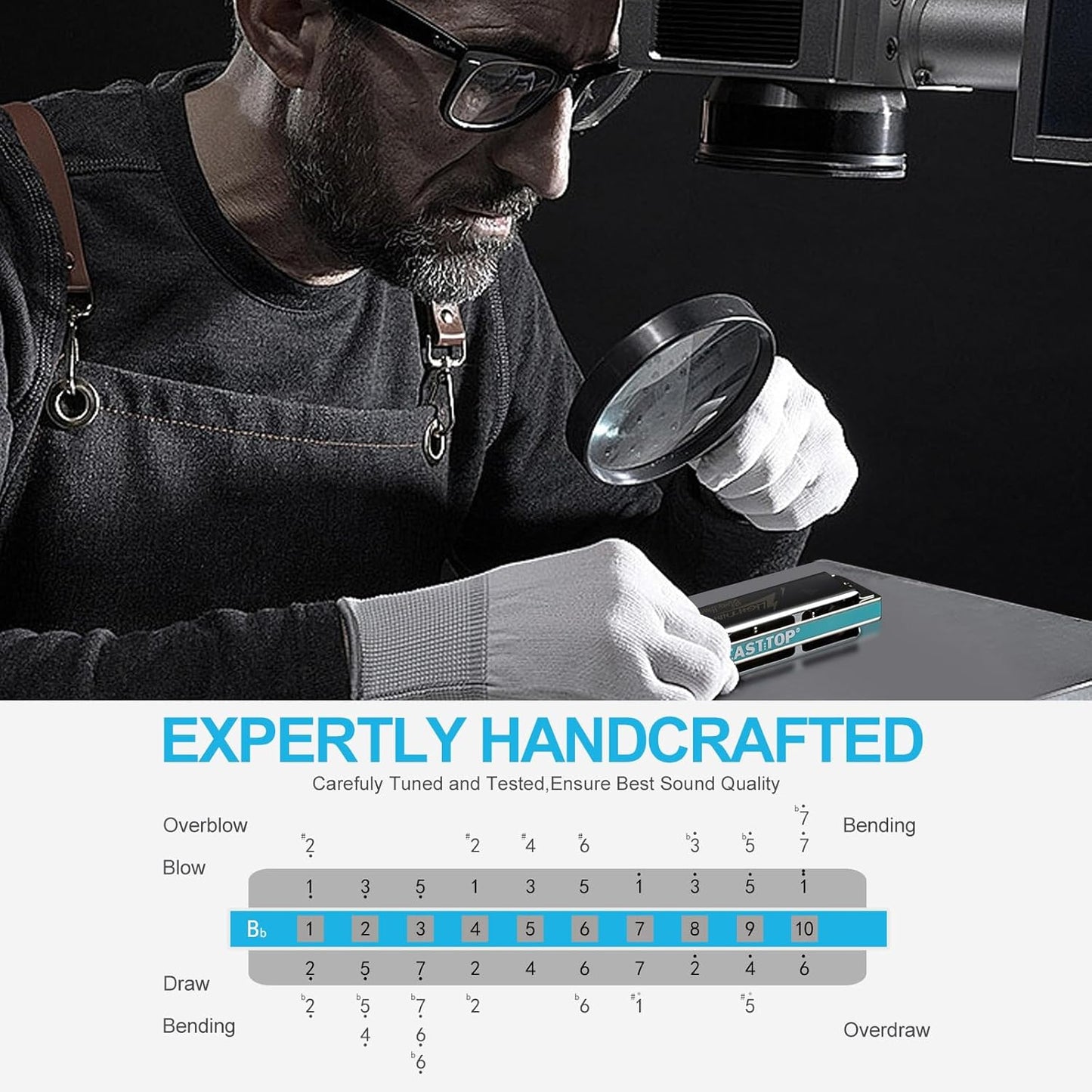 East top Harmonica, Advanced Diatonic Harmonica Key of Bb, 10 Holes Blues Harp Mouth Organ Harmonica with Silver Cover, Blues Harmonicas For Adults, Professionals and Students