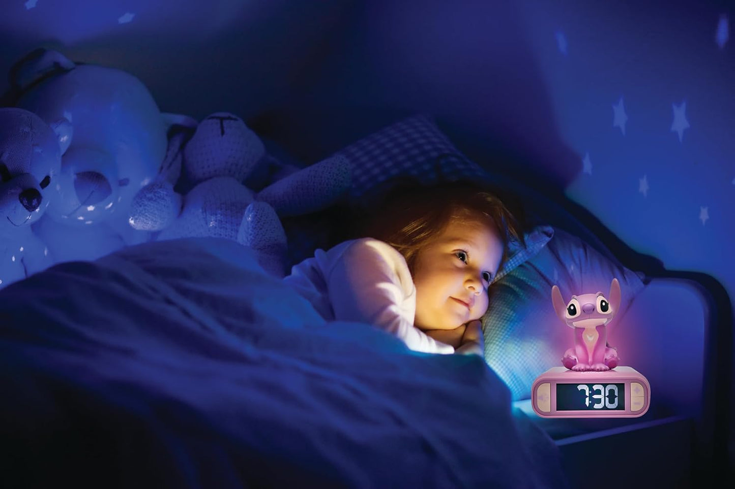 LEXiBOOK, Disney Stitch, Angel Night Light Alarm Clock, Sounds and Melodies, Backlit LCD Screen, Luminous, Snooze, Pink, RL800D1