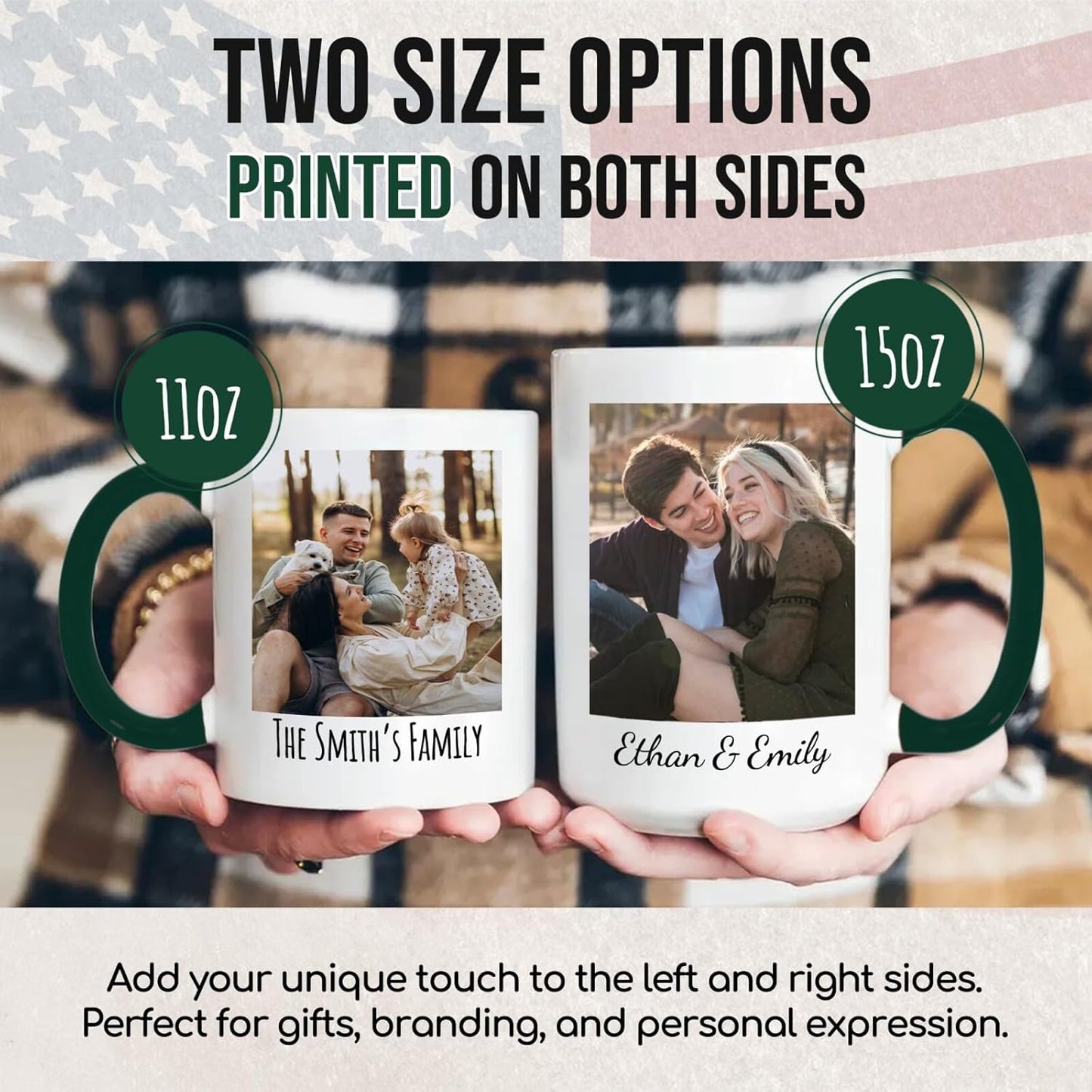 Ship Next Day Custom Mug Design Your Own Photo Text Personalized Picture Gifts for Women Men Customized Gifts Idea Personalized Coffee Mugs 11oz Dark Green Handle