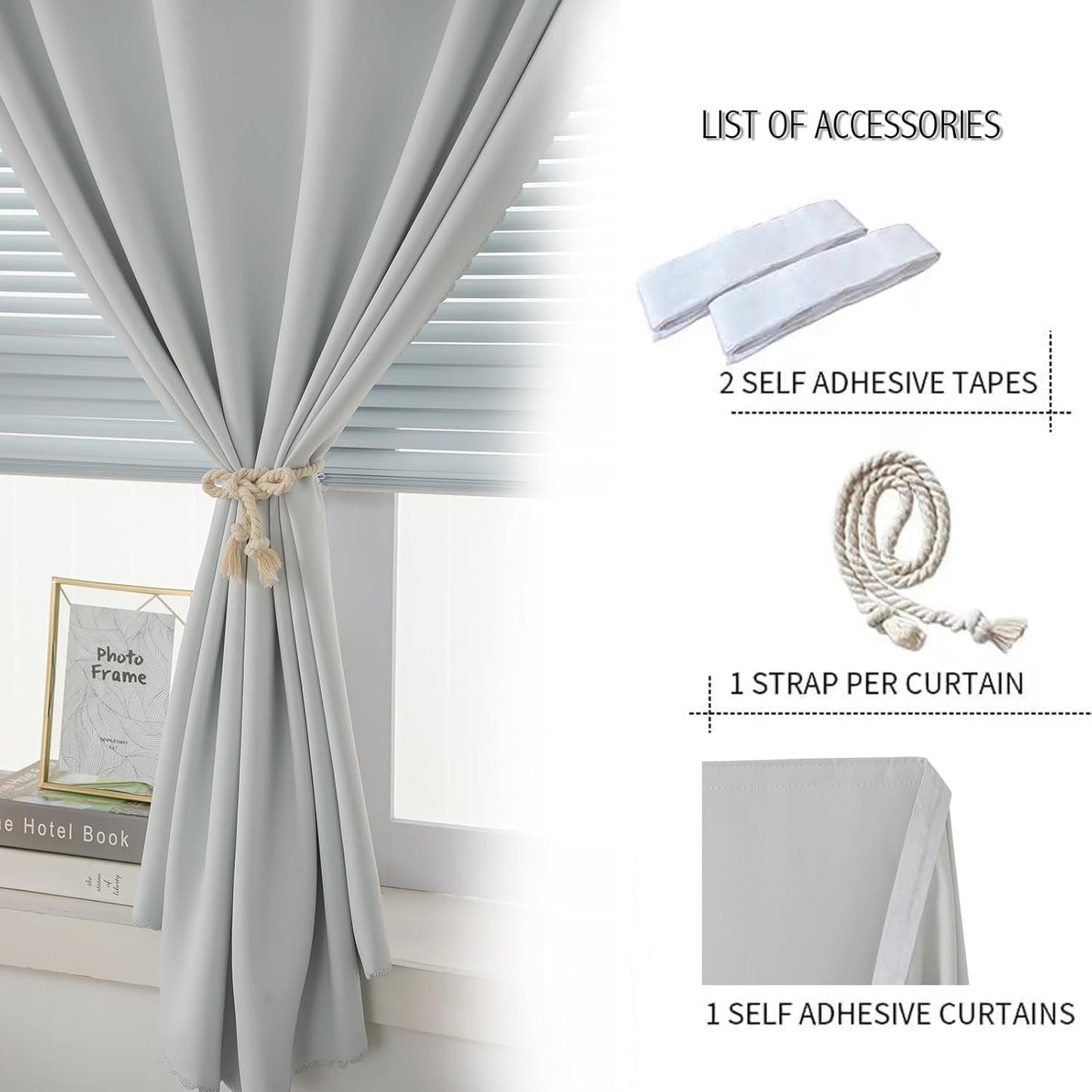 self Adhesive Curtains Portable Blackout Curtain Simple and Easy to Install Bedroom Window Thermal Lnsulated Kitchen Room Darkening Black Small Drapes, 59" W X 71" L, White, 1 Panel