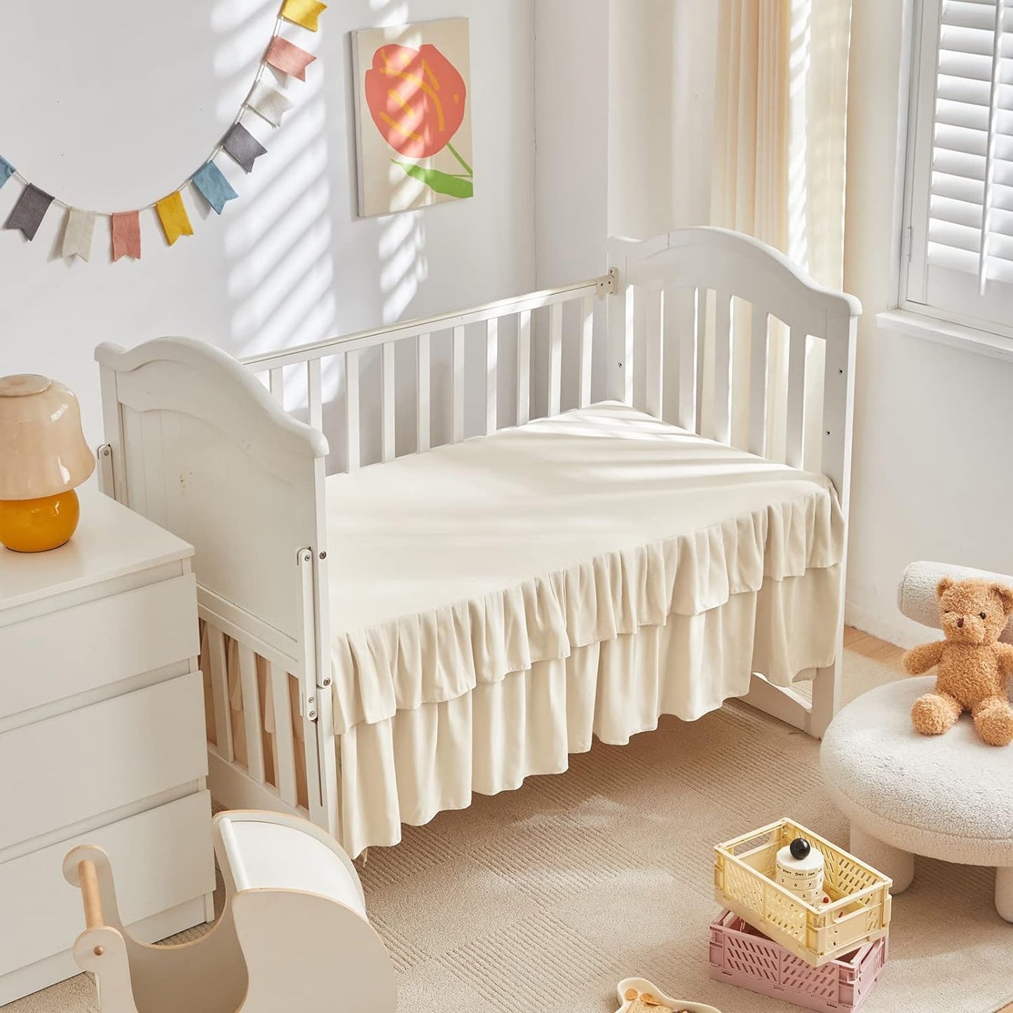 Mini Crib Bedding Set 3 Pieces Baby Boho Quilted Tufted Ruffles Comforter with Fitted Sheet and Ruffled Bed Skirt - Cute Shabby Baby Bedding Fits Mini Crib Only Cream White