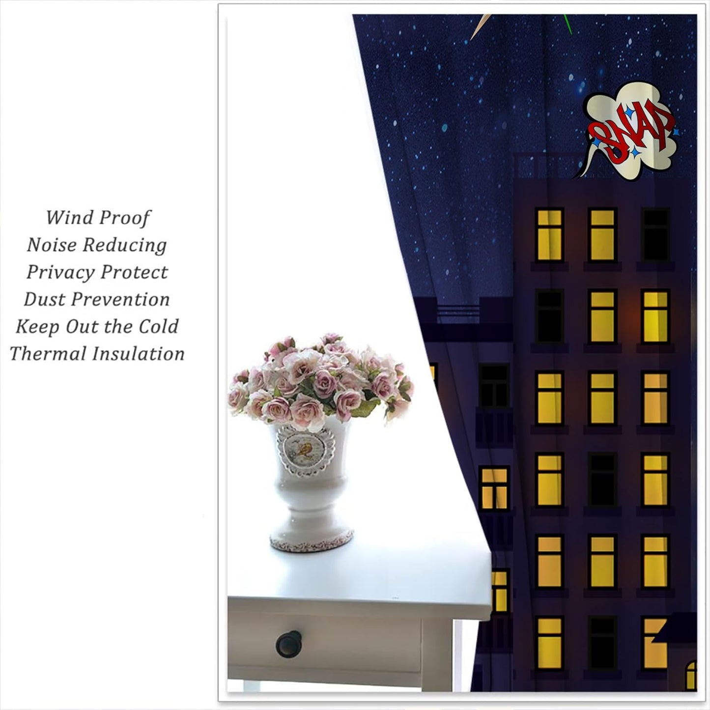 Super Hero Rod Pocket Blackout Curtains for Boy Girl Bedroom, Exploding City Starry Cartoon Skyline Thermal Insulated Home Window Drapes for Living Room Darkening, 42x45 inch