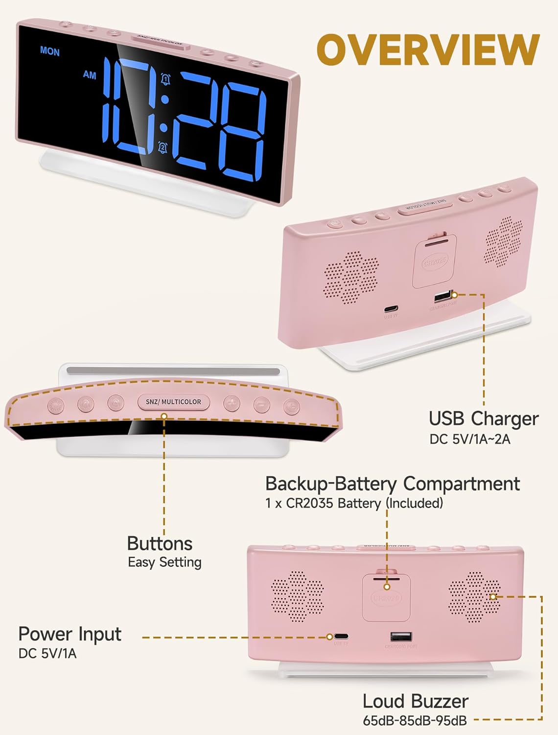 Cadmos Modern Curved Cute Digital Alarm Clock,Colorful Led Display,Adjustable Volume,Weekday/Weekend Mode,Simple Clock for Bedrooms Bedside,Ok to Wake Up for Girls,Kids,Teens (Pink+Dynamic)
