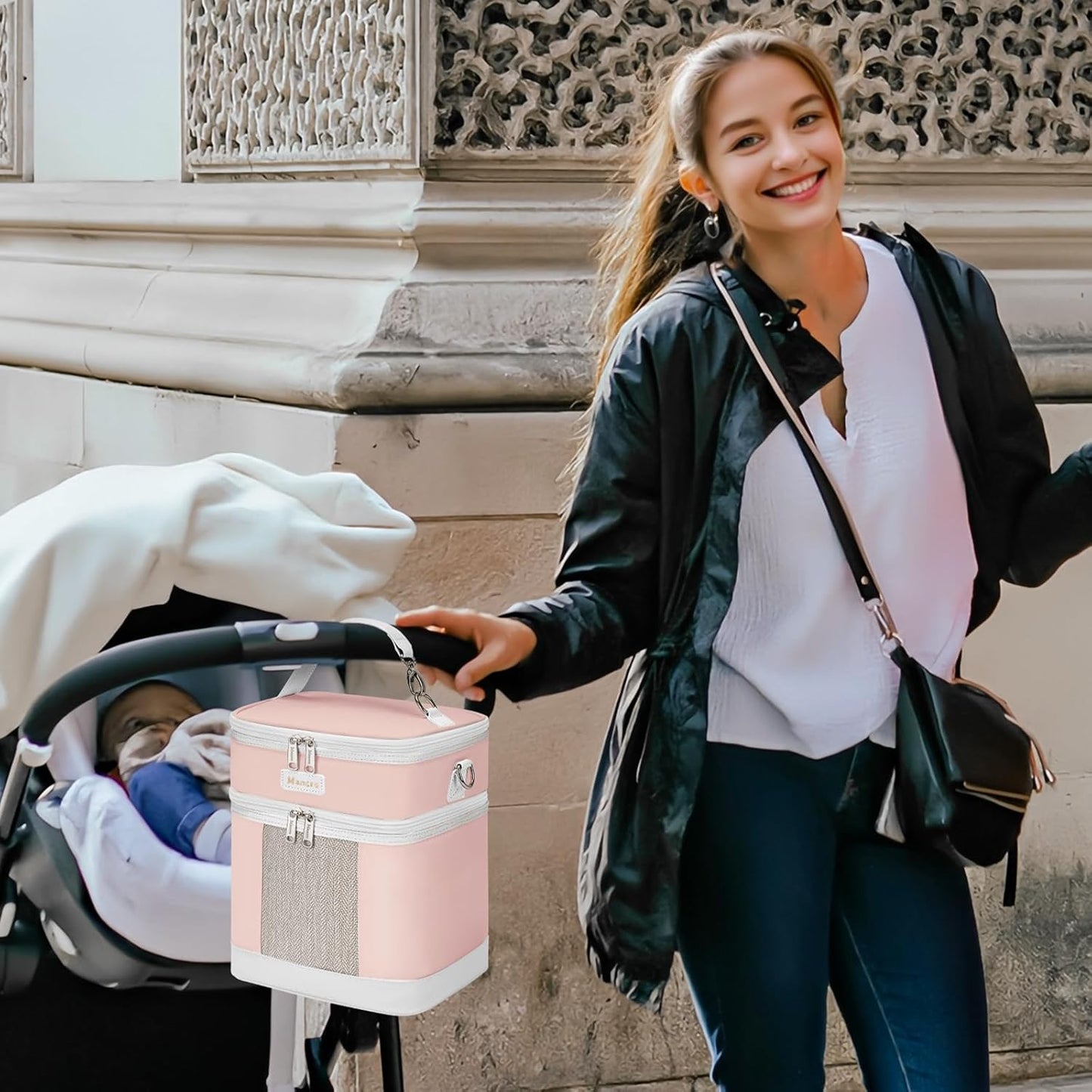 Mancro Breast Milk Cooler Travel Bag with Ice Pack, Double Layer Baby Bottle Cooler Bag Fits 6 Bottles Up to 9 Ounces,Insulated Bottle Bags for Daycare & Travel,Pink