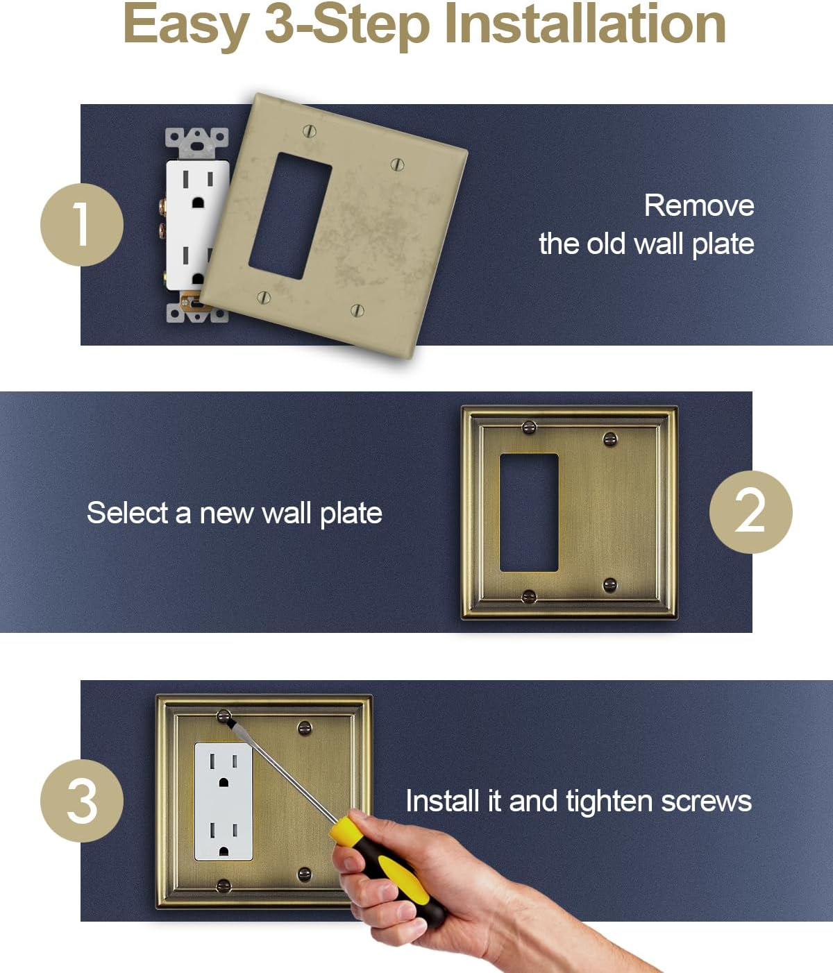 1-Pack Antique Brass Combination Decorator Rocker/Blank Wall Plates, Metal Switch Plates Outlet Covers, 2-Gang, 4.96''*4.88'', Midsize