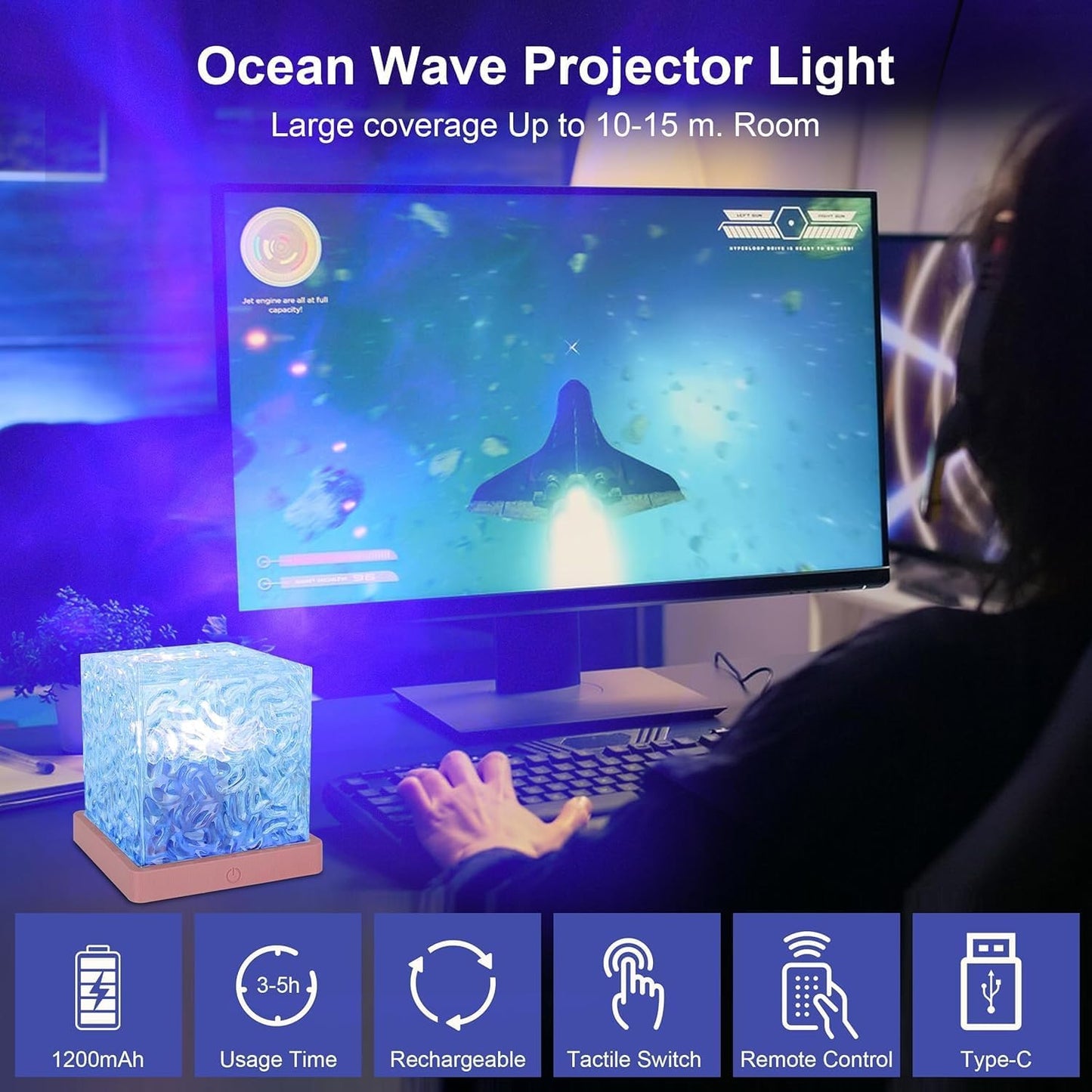 Ocean Lamp Water Light Projector - Water Ripple Projector Light Cube Aurora Northern Lights Wave Ripple Night Light for Bedroom (16 Colors)