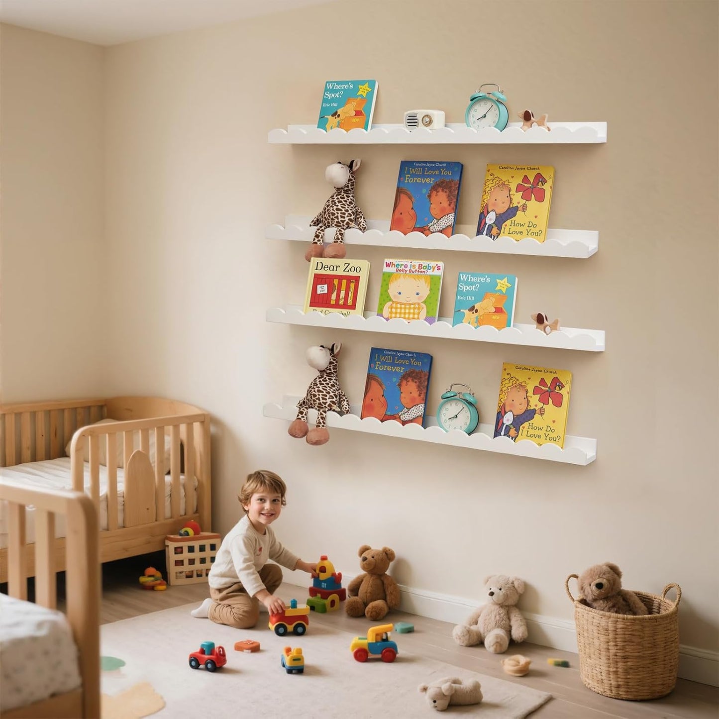 Nursery Book Shelves, Scalloped Floating Shelves Set of 2 Solid Pine Wood Wall Mounted Bookshelf with Wave Lip for Bedroom Kids, Toddler Room, Baby Room White 36inch