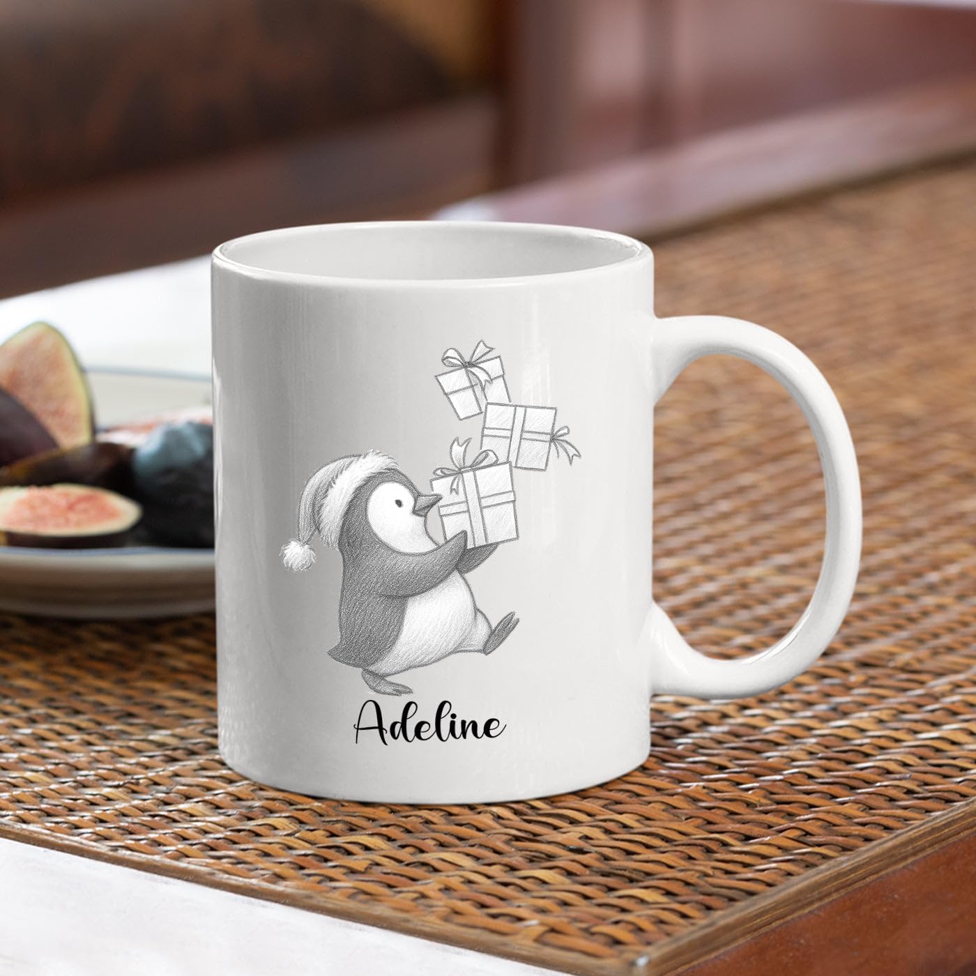 Personalized Penguin Accent Coffee Cup With Name, Cute Penguins Ceramic Mug Gift For Granddaughter Grandson Birthday, Customized Name Penguin White Coffee Mug 11 15 Oz, Novelty Penguins Lover Teacup