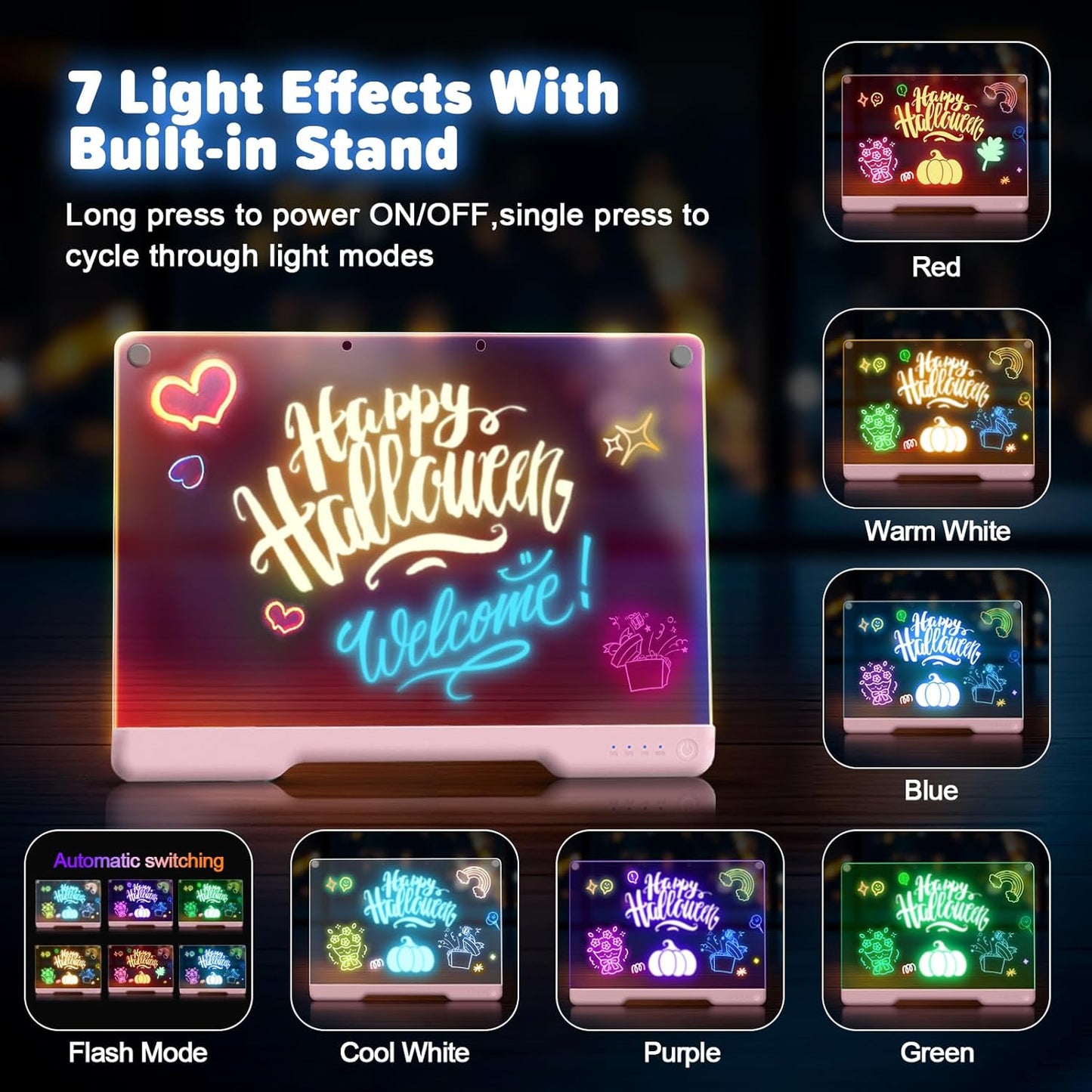 16-Inch Rechargeable Doodle Glow LED Note Board, 7-Color Light Modes, Neon Art Dry Erase Light Up Drawing Pad with Built-in Stand, Sketching Gift Toy for Kids/Girls/Teens, 5 Markers & Tracing Book