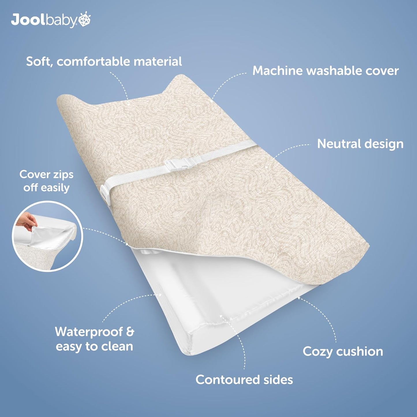 Jool Baby Soft Changing Pad + Washable Cover, Non-Slip - Fits Standard Changing Tables & Dressers (Oatmilk/Wave)