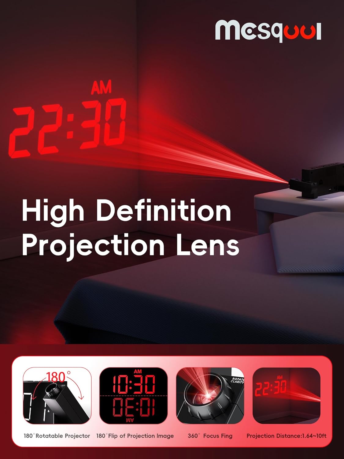 Projection Digital Alarm Clock with Bed Shaker for Bedroom, Extra Loud Alarm Clock for Heavy Sleeper, 180° Rotable Ceiling Projector Clock,2 Alarm,5 Dimmer Volume,USB Charger, Battery Backup,12/24H…