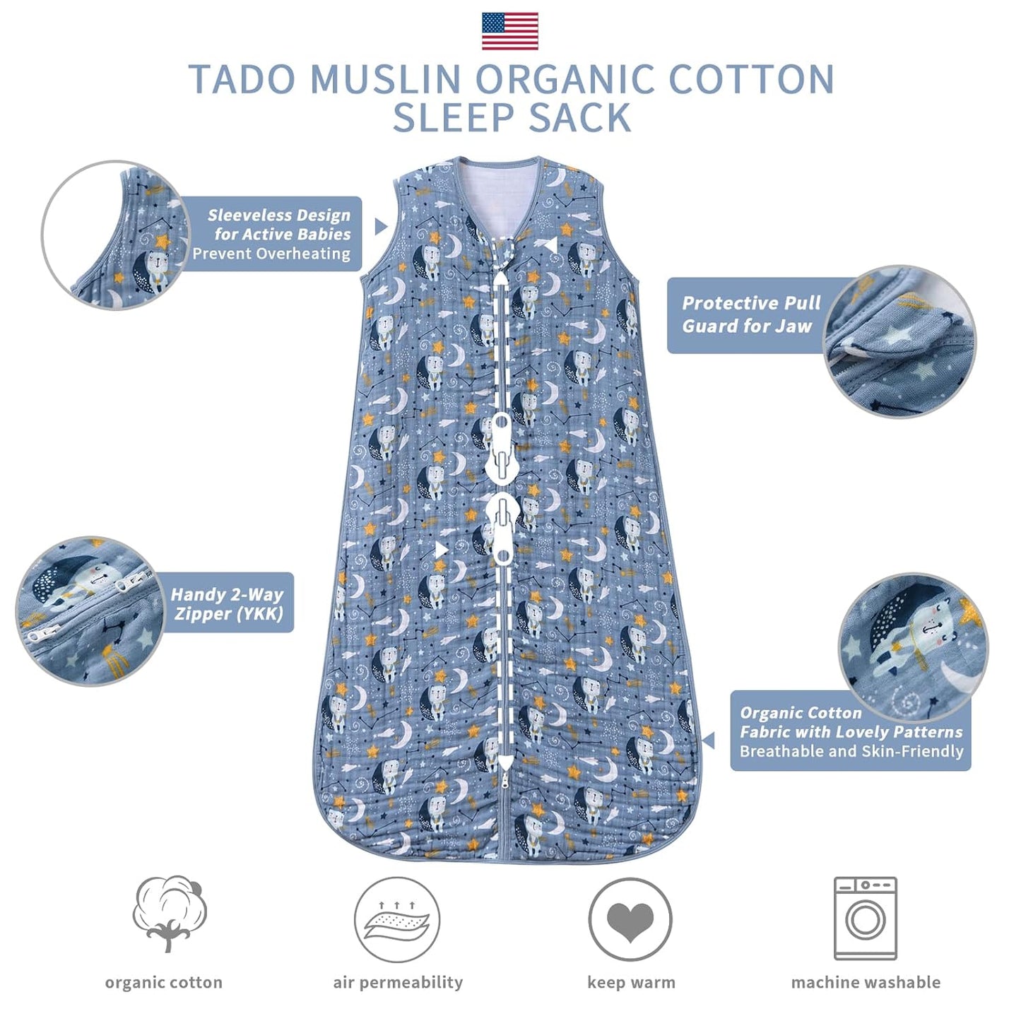 Baby Sleep Sack 0-6 Months Wearable Blanket for Babies 100% Organic Cotton 2-Way Zipper YKK 0.5 TOG Toddler Sleeping Sacks Bears