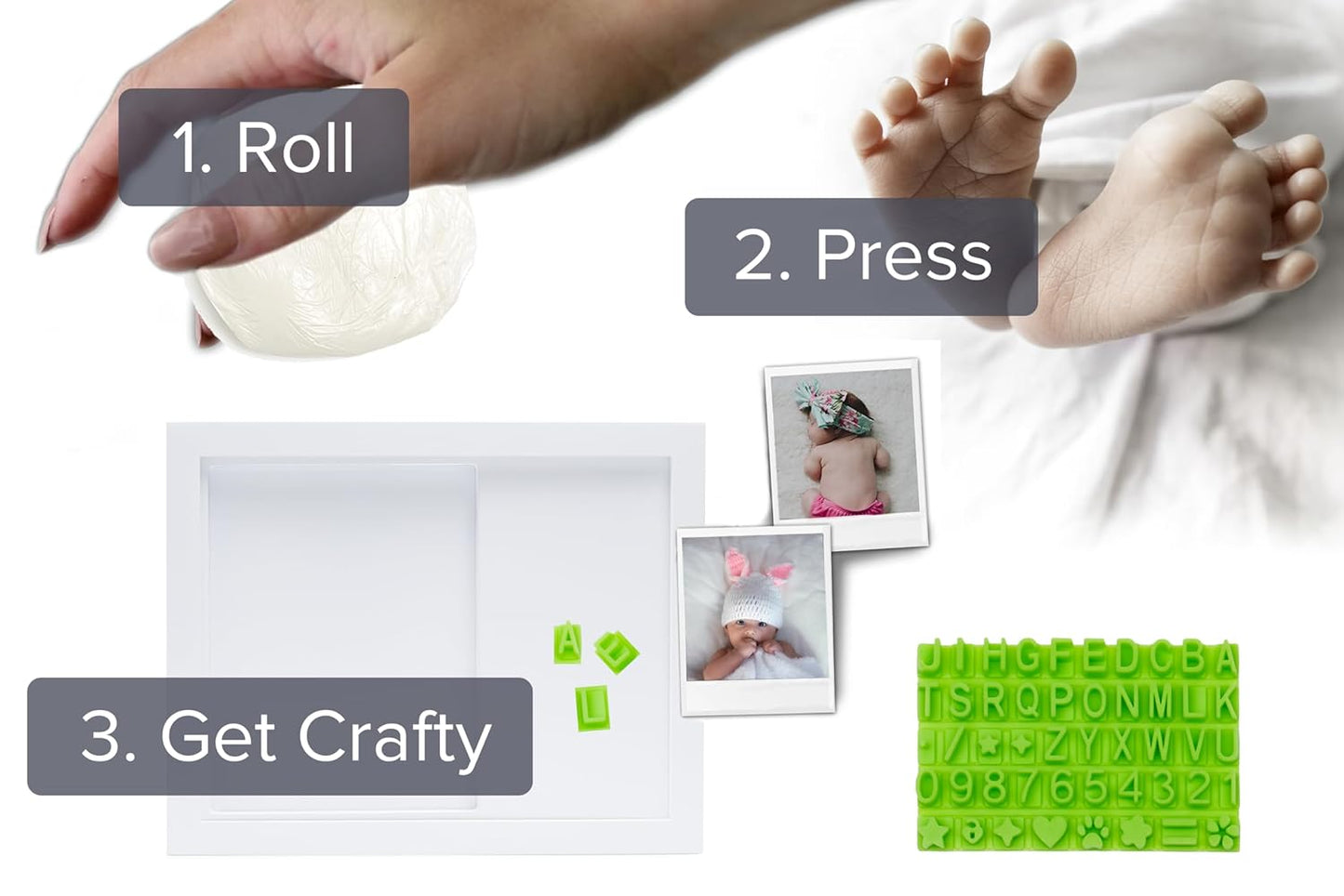 Baby Hand & Footprint Frame Keepsake Kit | Capture Milestone Moments with Safe Clay, Stencil Set & Wood Frame | Perfect Newborn Gift for Baby Showers | White