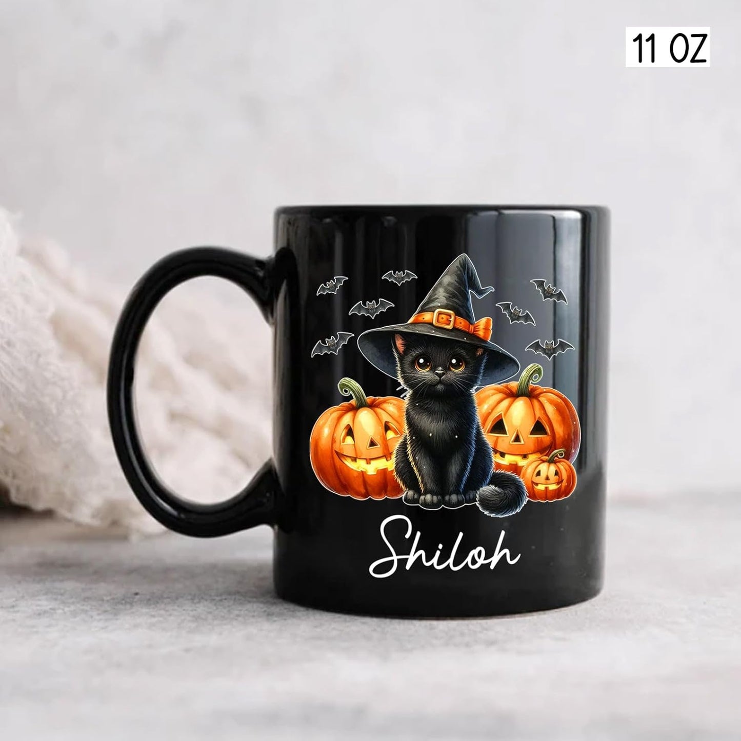 Personalized Black Cat Witch Ceramic Cups Gift for Halloween, Custom Name Black Cat with Pumpkins Coffee Mugs, Spooky Witch Pumpkins Cup, Pet Halloween Mug 11oz 15oz, Pet Enthusiasts Gifts