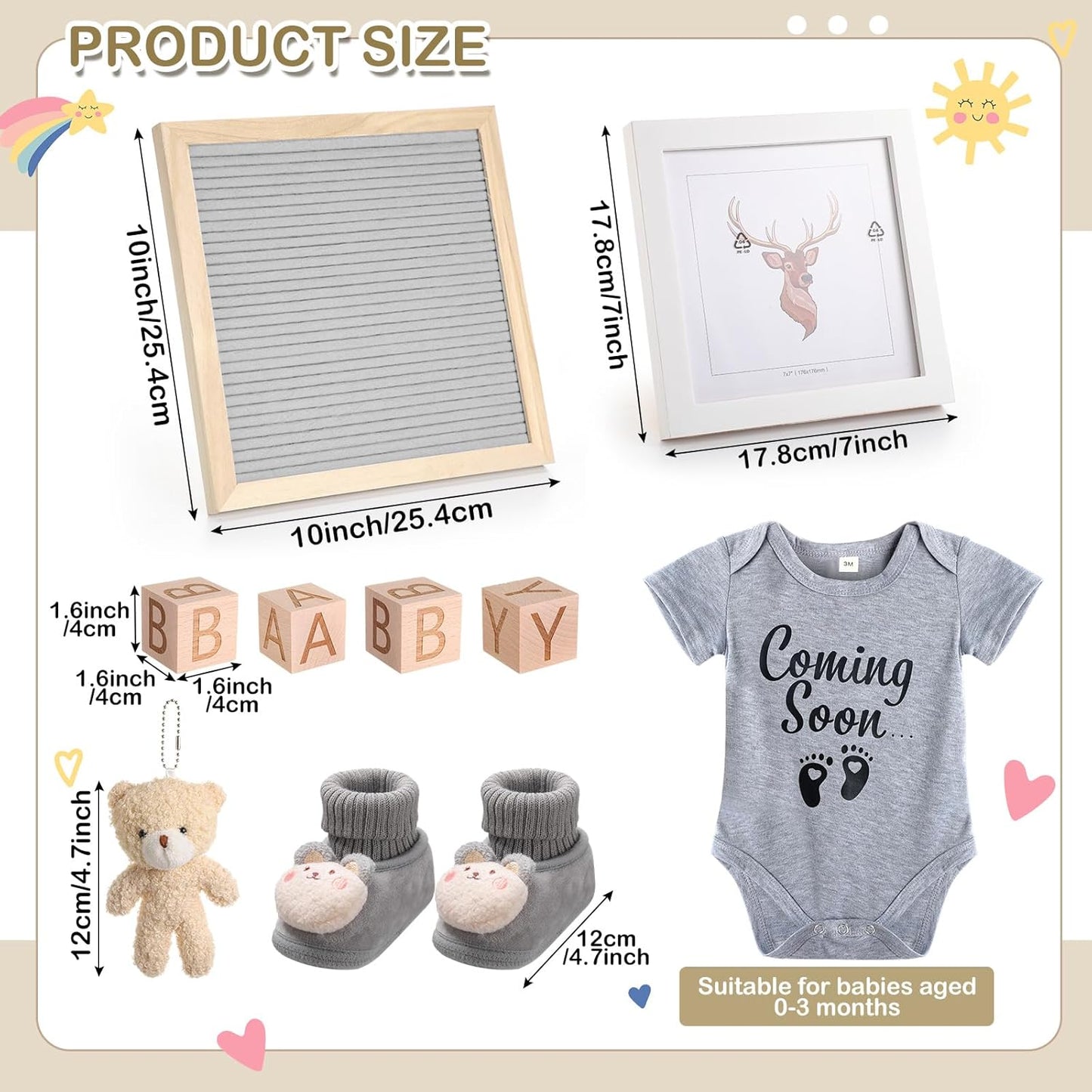 9 Pcs Pregnancy Announcement Set Pregnancy Reveal Ideas Felt Letter Board Baby Bodysuit Booties Photo Frame Bear Plush Wood Blocks for Coming Soon Baby Announcement(Gray)