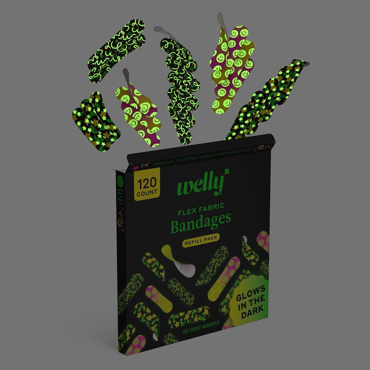 Welly Bandage Glow-in-The-Dark Refill Pack | Adhesive Flexible Fabric Bandages | Assorted Shapes and Patterns for Minor Cuts, Scrapes, and Wounds - 120 Count