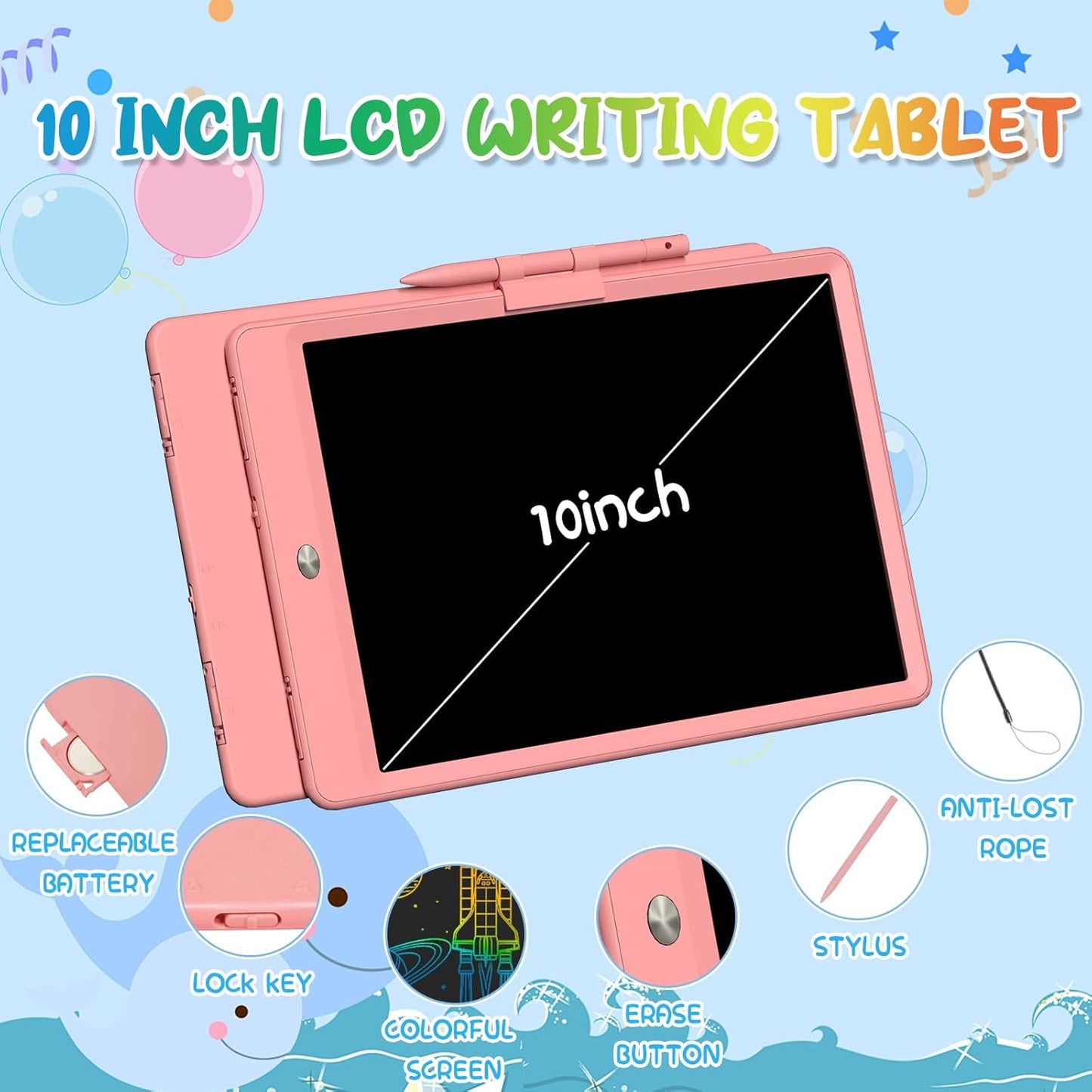 LCD Writing Tablet for Kids 10 Inch Colorful Toddler Drawing Tablet Reusable Doodle Board Electronic Drawing Pads Educational and Learning Kids Toys for Girls(Pink)