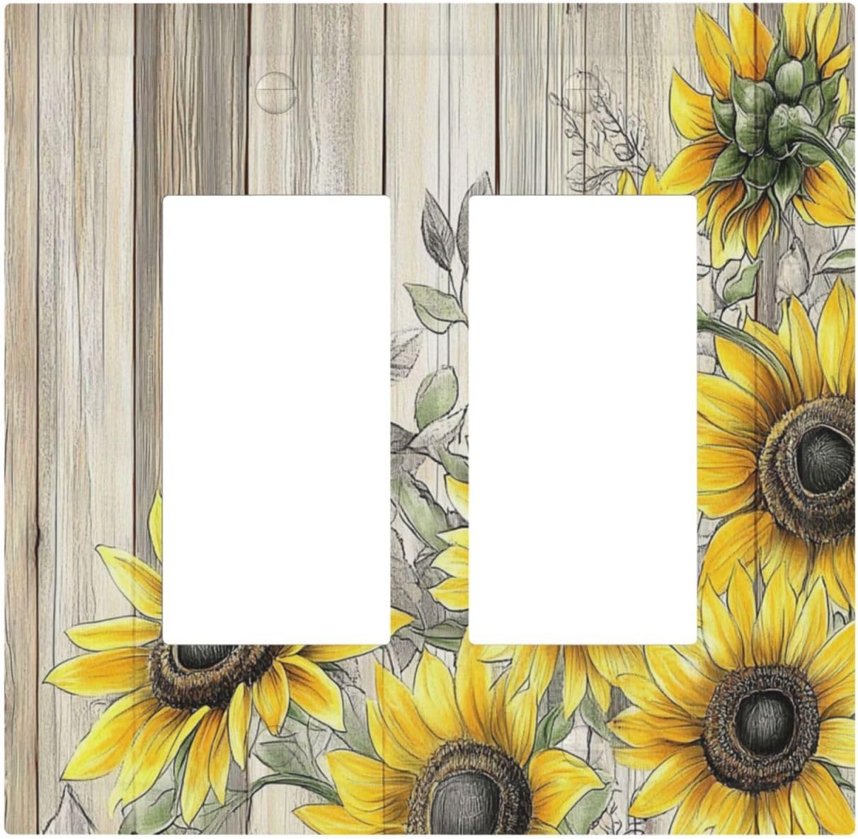 Decorative Outlet Covers Floral Sunflower Rustic Flower Vintage Wood 2 Gang Double Gfci Rocker Electrical Wall Panels Light Switch Cover Plate For Farmhouse Cabin Decor