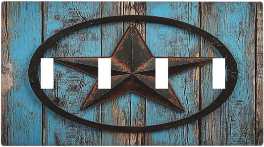 Light Switch Covers Rustic Wood Country Barn Texas Star On Teal Quad Toggle Electrical Faceplate 4 Gang Wall Plate Decorative Switch Plates For Farmhouse Cabin Decor