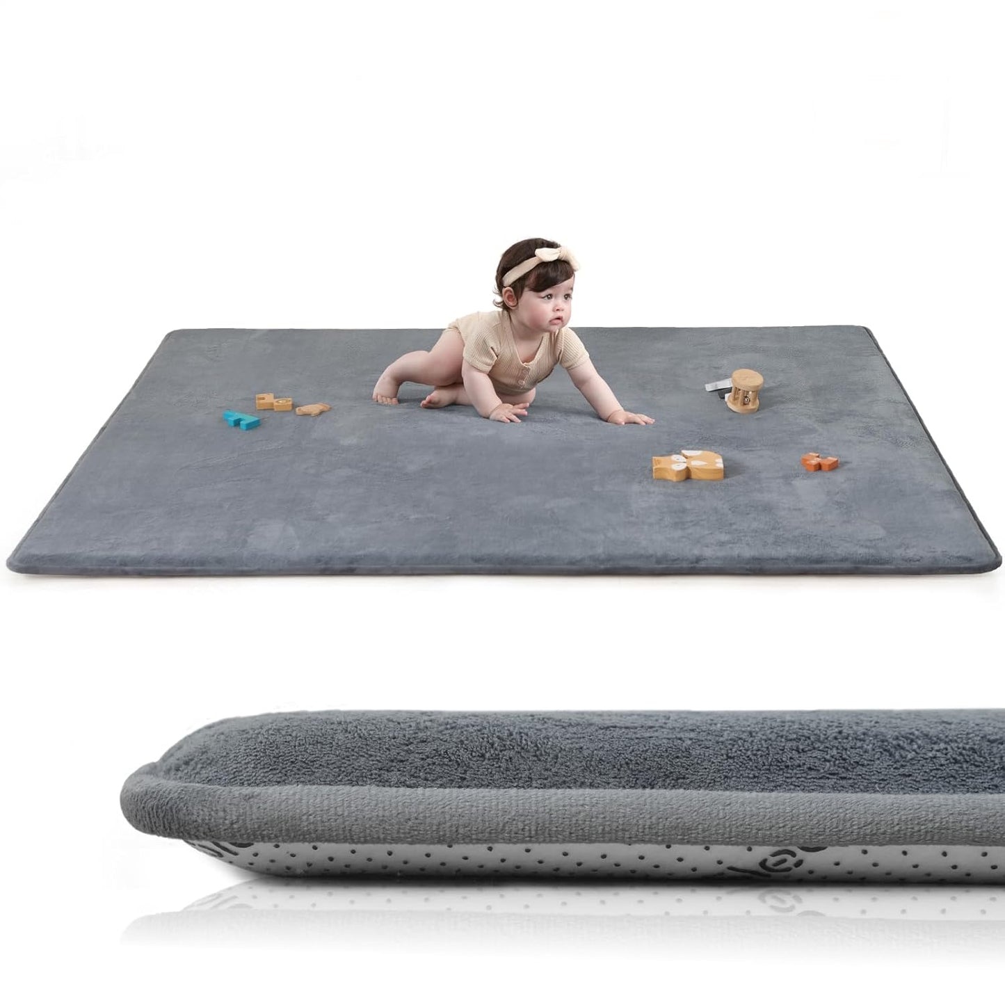 Baby Play Mat for Floor,1.3" Thick Elasti-Foam 50"×74" Playpen Mat for Tummy Time,Water Repellent Soft Coral Velvet for Toddler,Infant,Kids,Non-Slip Backing Safe for Crawling(Dark Grey)