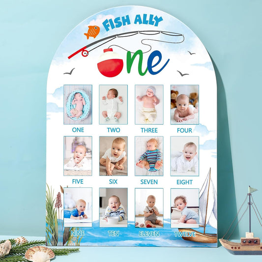 Ofishally One First Year Photo Board The Big One Fishing Birthday Decorations 12 Monthly Milestone Wood Picture Frame 1st Birthday Photo Banner for Baby Boys Keepsake Gift Gone Fishing Party Supply