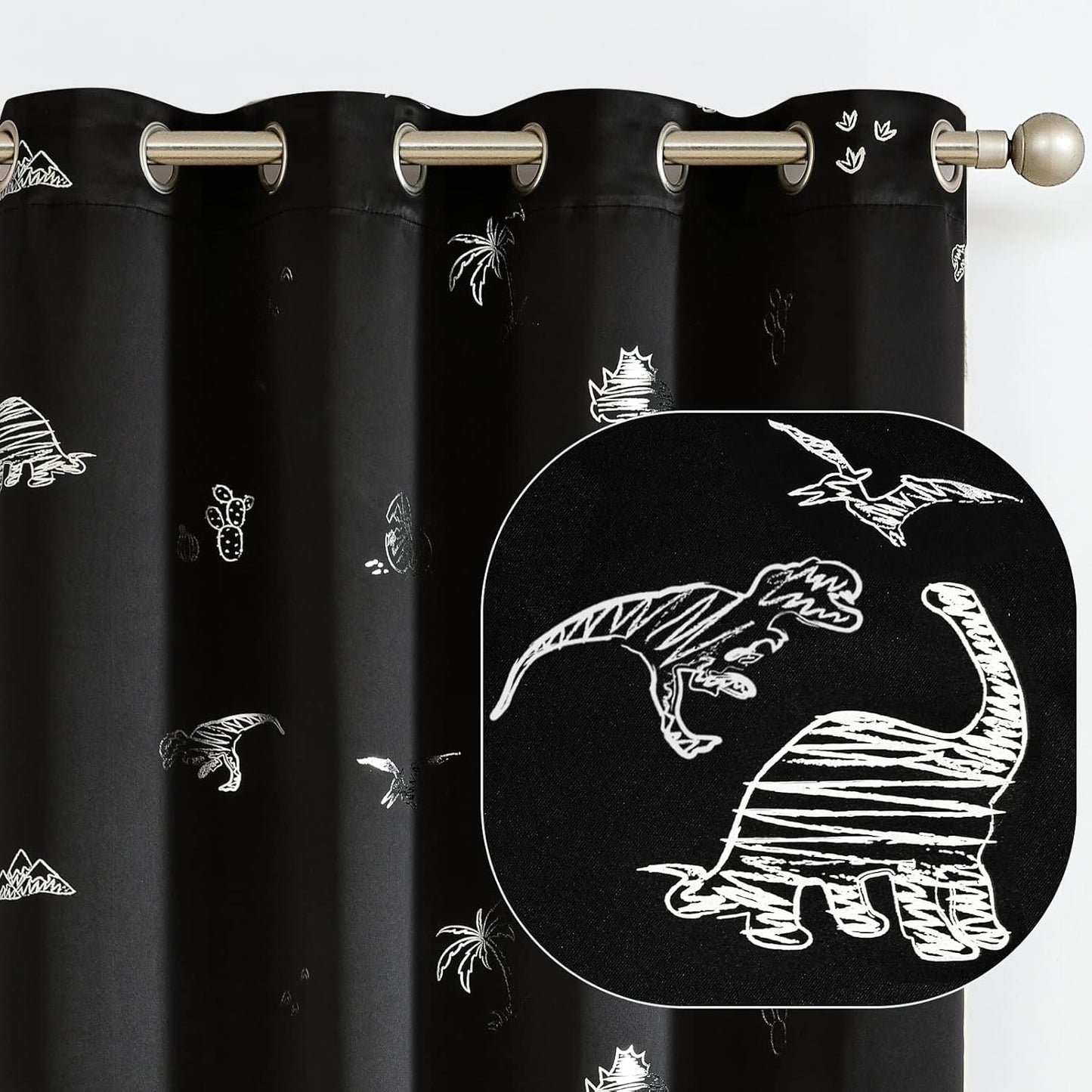Vangao Kids Curtains Black Blackout Dinosaur Curtains for Boys Kids Nursery Girls Room Silver Dino Foil Print Thermal Insulated Drapes Grommet Top Window Treatments 63 Inches Length 2 Panels