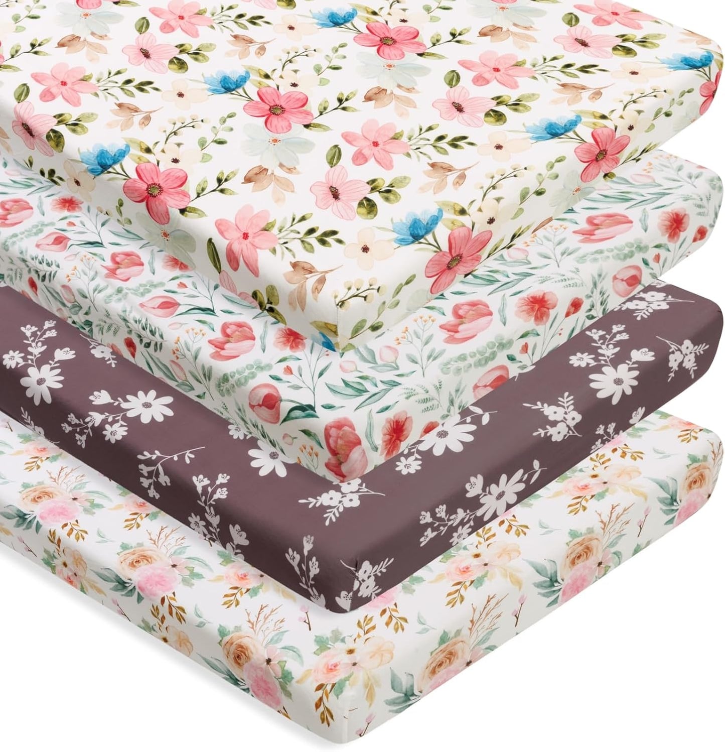 4 Pack Baby Girl Pack N Play Mini Crib Sheets Set Soft Fitted Floral Theme Baby Girl Mattress Covers Breathable Toddler Bed Sheets for Infant or Newborn(Flower, Pack N Play Mini Crib Sheets)