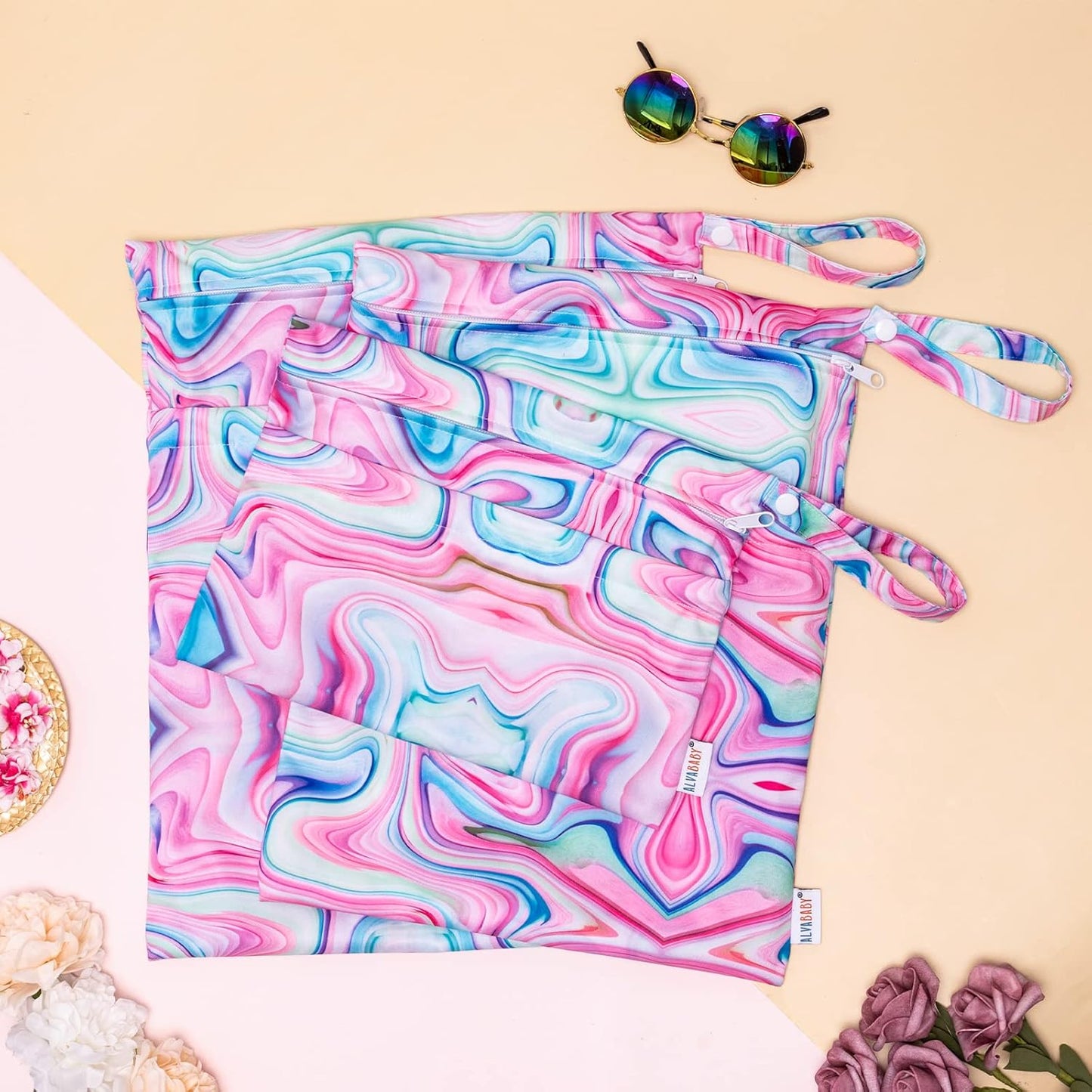 ALVABABY 3pcs Baby Cloth Diaper Wet/Dry Bags|Waterproof Reusable with Two Pockets|Travel, Beach, Pool, Daycare, Soiled Baby Items,Yoga，Gym Bag for Swimsuits or Wet Clothes Pink impression 3L-BS04