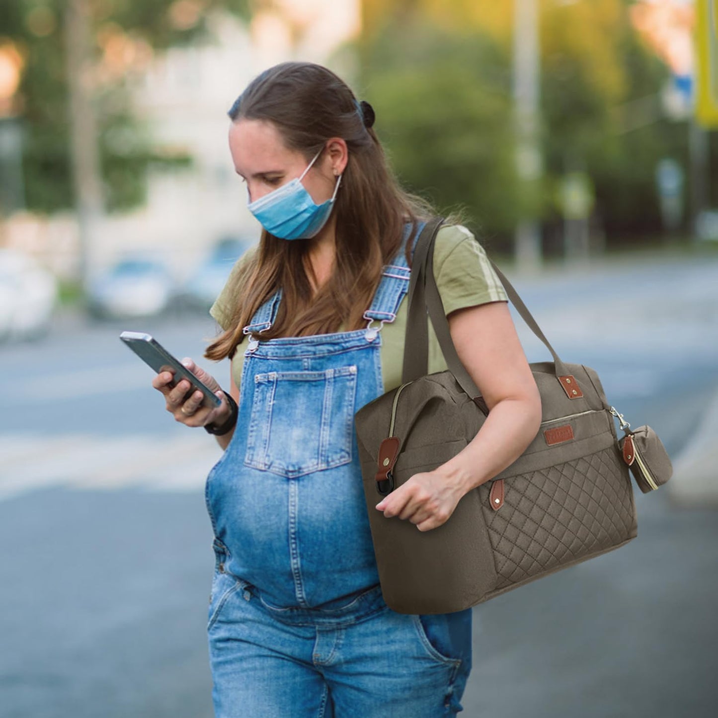 Diaper Bag Tote, Diaper Baby Bags with Pacifier Case, Shoulder Straps, Stroller Clips, Waterproof Large Mommy Maternity Travel Baby Bag for Mom and Dad, khaki, Medium