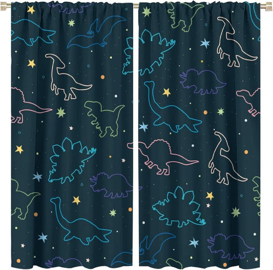 Cartoon Colorful Dinosaur Curtains for Kids Boys Girls Home Decor, Astronaut Funny Outer Space Star Blackout Rod Pocket Window Drapes for Bedroom Living Room W31.5xL63in 2 Panels