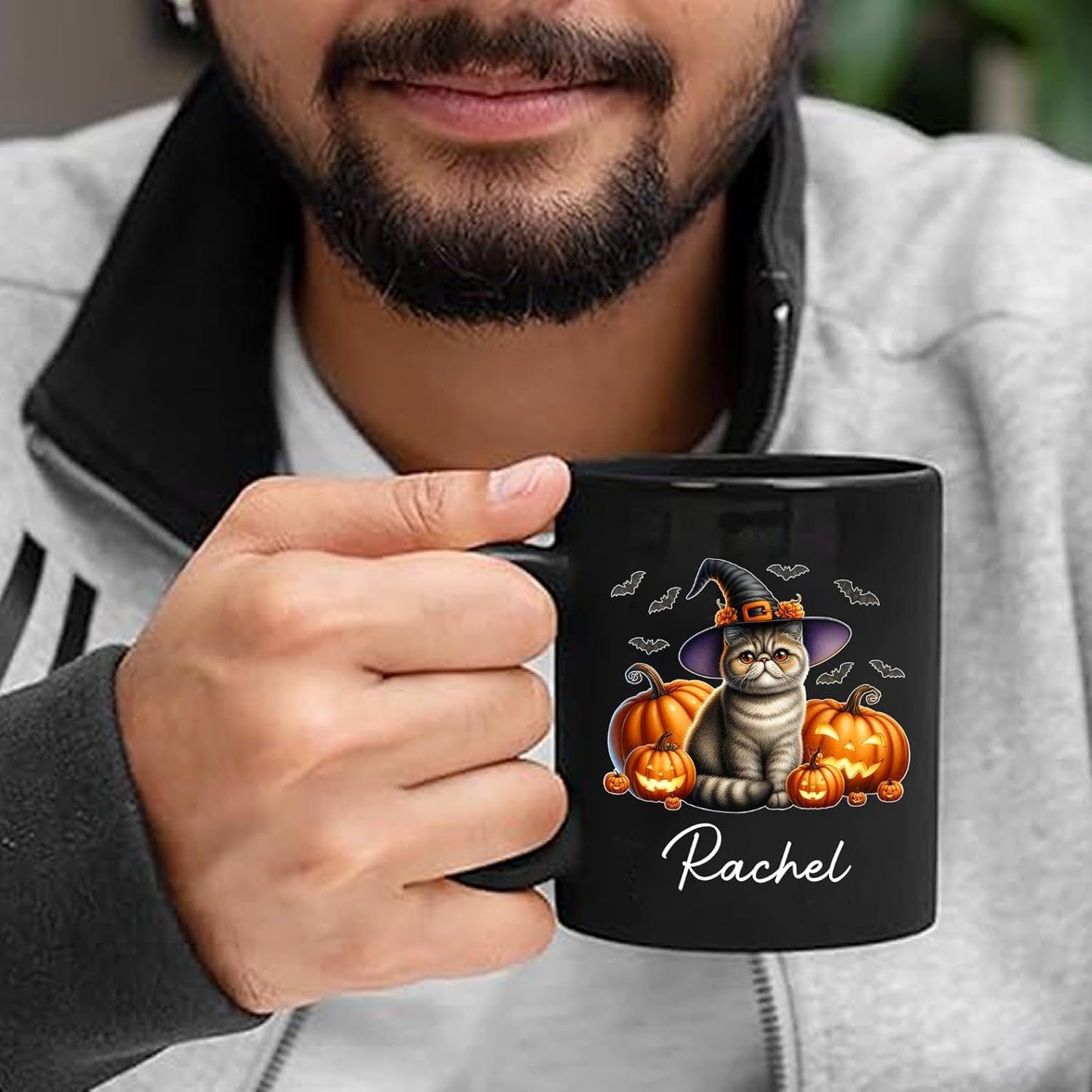 Personalized Exotic Shorthair Wearing Witch Hat Ceramic Cup, Exotic Shorthair Coffee Mugs Gift for Halloween, Custom Name Pet Cat with Pumpkins Halloween Cup, Cat Owner Black Mug 11oz 15oz