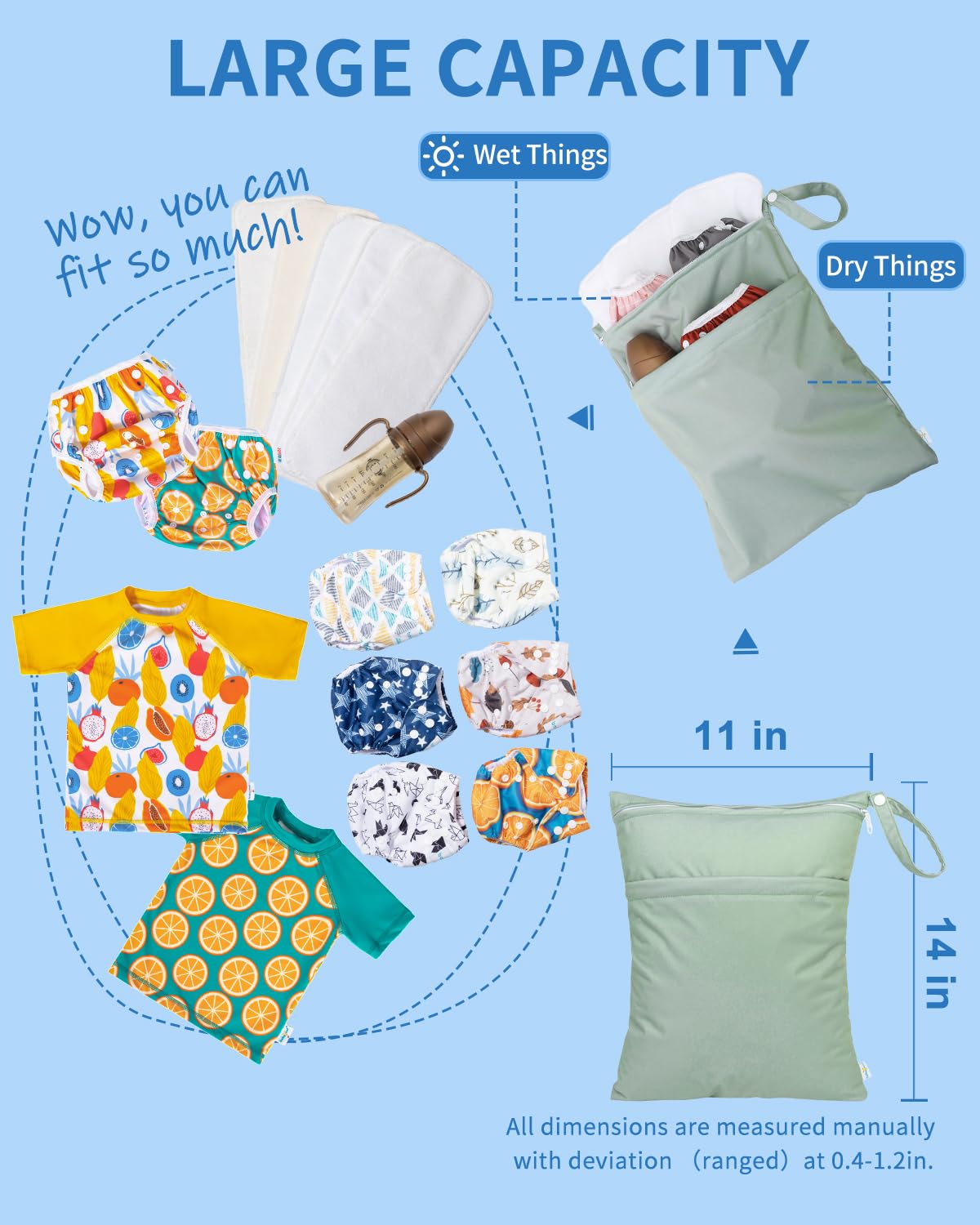 babygoal Wet Dry Bags for Baby Cloth Diapers 3 Pack, Washable Travel Bags, Beach, Pool, Gym Bag for Swimsuits & Wet Clothes with Two Pockets, Snap Handle 3LN32