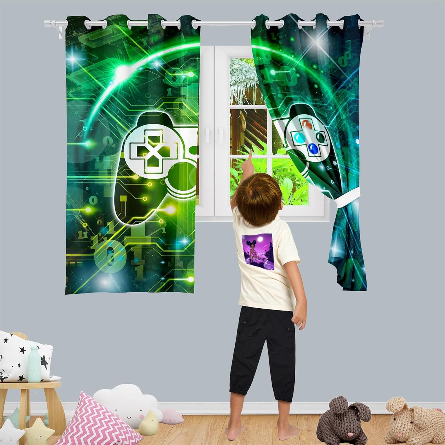 Gaming Blackout Curtains for Boys - 2Pcs Game Windows Curtain Panels for Boys Bedroom Green Gaming Console Curtains for Teens Boys Kids Room Decor Grommet Top, 82 in x 63 in