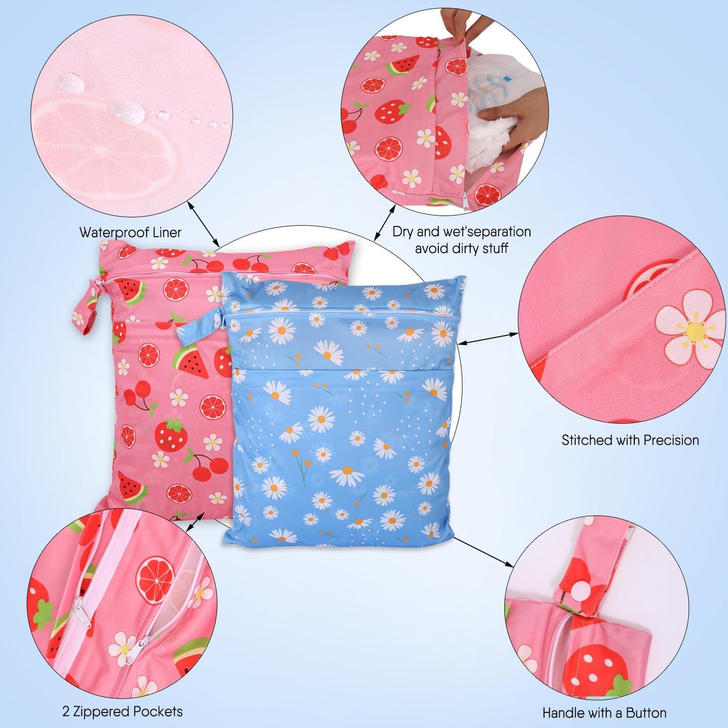 2pcs Travel Waterproof Laundry Bag, Cloth Diaper Wet Dry Bags with Handle & 2 Zipper Pockets, Reusable Washable Dirty Clothes Bag for Baby Adult Travelling Hanging, Bathing Beach Pool Daycare